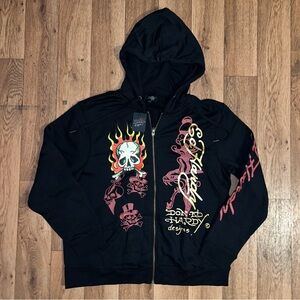 Ed Hardy Black Hoodie with Skull and Flame Graphic